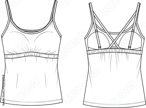 Camisole top technical fashion sketch, front and back view, crisscross strap detail, built-in bra, scoop neckline, garment construction, vector illustration