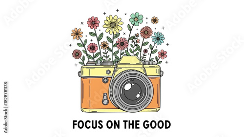 Inspirational illustration of a vintage camera blooming with a vibrant bouquet of wildflowers, a metaphor for growth and positive perspective