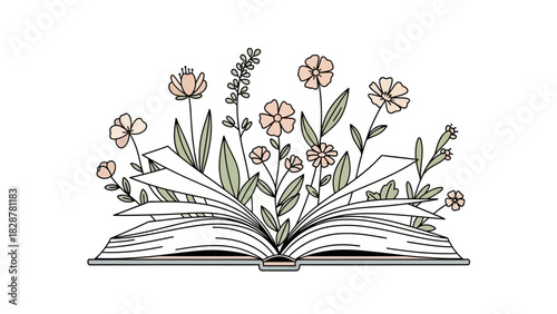Elegant line art of an open book with a garden of wildflowers and botanical elements growing from its pages, symbolizing imagination, knowledge, and growth