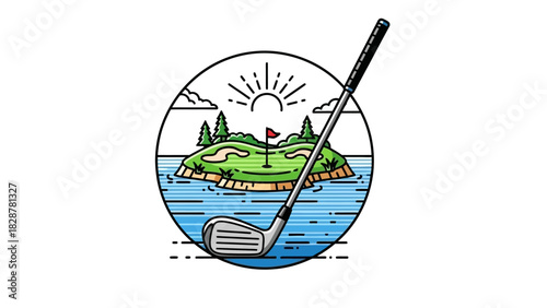 Minimalist golf landscape icon featuring an island hole, water hazard, and a driver, symbolizing a tropical golf vacation