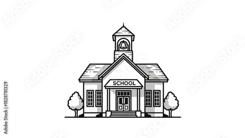 A classic black and white line art illustration of a traditional schoolhouse building, symbolizing education and learning