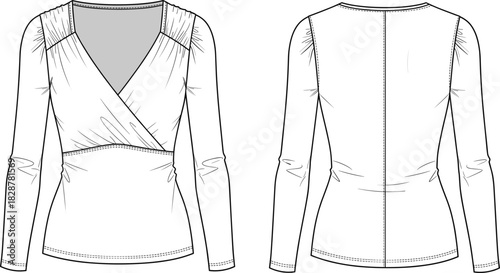 Technical fashion top sketch, surplice neckline blouse, front and back view, garment construction, apparel template, clothing design, vector illustration