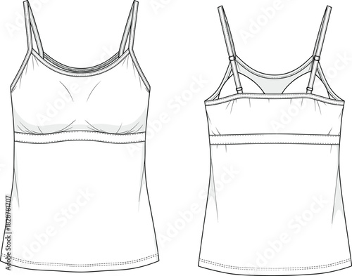 Women's camisole top technical sketch, front and back view, adjustable straps, bust seam detail, flared hem, fashion design vector illustration