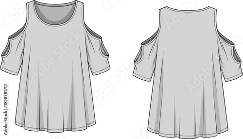 Women’s cold shoulder top vector, front and back view, short sleeves, flowy silhouette, fashion sketch, garment technical illustration, apparel design