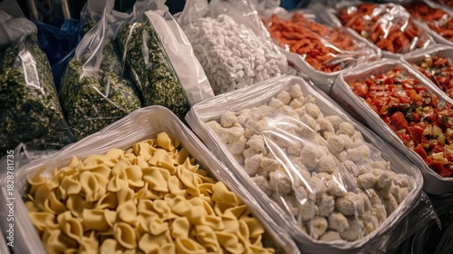 Various types of fresh pasta and gnocchi displayed in clear plastic bags at a food market
