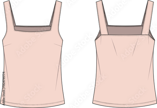 Women's sleeveless top technical sketch, square neckline fashion flat, front and back view, garment construction, tailored fit, vector illustration
