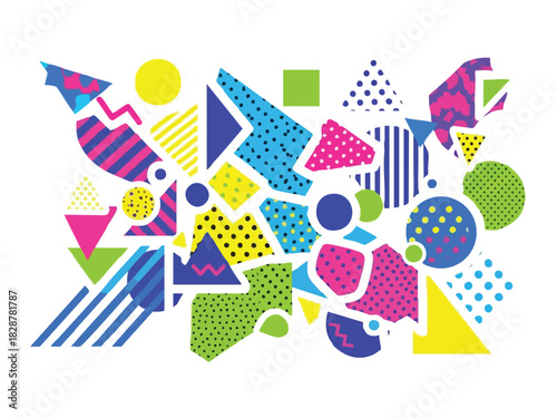 Colorful Abstract Geometric Pattern with Memphis Design Elements on White Background