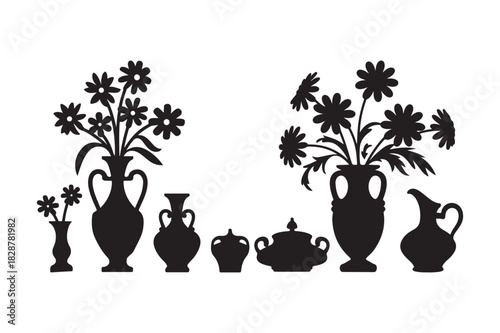 Silhouette floral arrangements in classical vases and urns