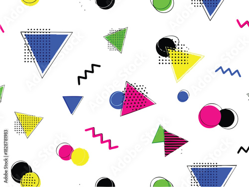 Bold Geometric Pop Art Pattern with Triangles, Circles, and Zigzags on White Background