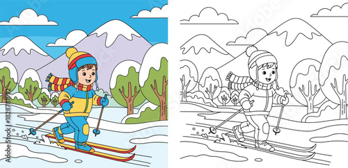 Coloring book page for kids with colored example and outline. Cute cartoon boy skiing in winter snowy landscape with mountains and trees. Vector illustration.