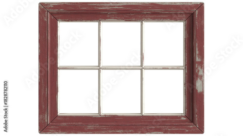 Distressed red sixpane window frame isolated on transparent background