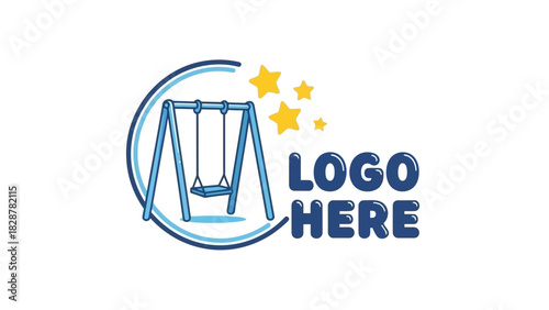 Playful logo design template featuring a hand-drawn swing set with stars, ideal for a childcare center, kindergarten, or kids' playground brand