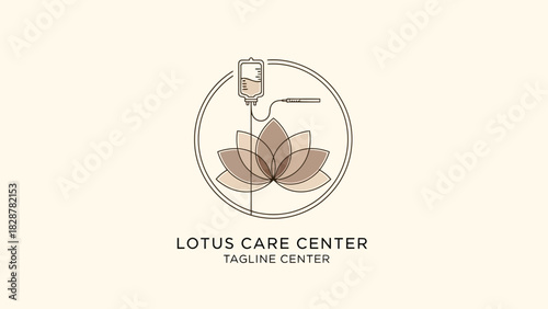 Minimalist line art logo design combining a serene lotus flower with an IV therapy bag for a health care center, representing wellness and medical infusion treatment