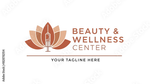 Modern vector logo for a beauty and wellness center, featuring an elegant lotus flower integrated with a syringe, symbolizing rejuvenation, aesthetic treatments, and holistic well-being services