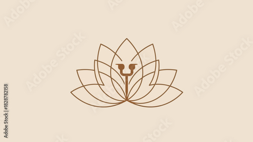 Elegant minimalist lotus flower logo design with a subtle lion face outline within the petals, symbolizing strength and serenity, perfect for wellness and beauty brands