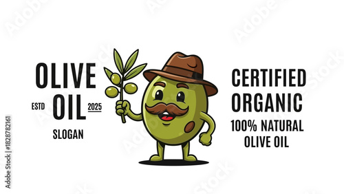 Certified Organic Olive Oil Emblem Featuring a Cheerful Olive Character with a Hat and Mustache