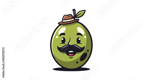 A charming cartoon olive character depicted with a distinguished mustache and a dapper fedora hat, radiating a friendly and whimsical personality ideal for diverse creative and branding projects