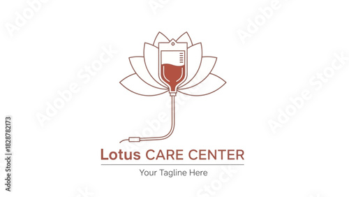Symbolic logo design for a wellness center, featuring a minimalist lotus flower integrated with an intravenous IV drip bag concept
