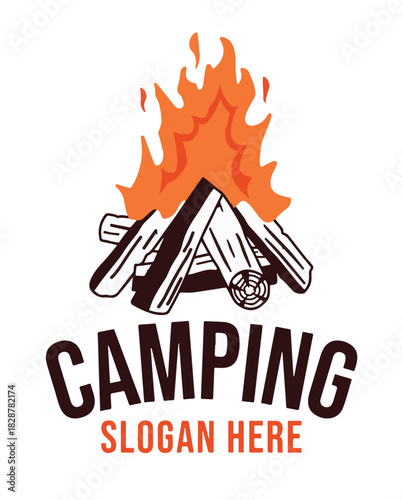 Hand drawn camping bonfire logo vector with logs, flames, and slogan isolated on white.
