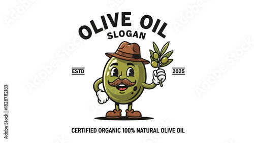 Olive Oil Cartoon Character with Mustache and Leaf Branch for Organic Product
