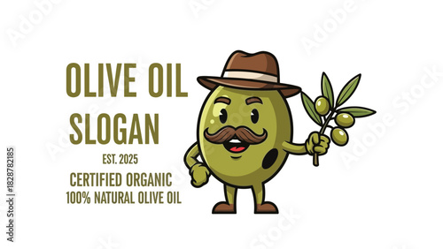 An adorable smiling olive fruit character with a hat and mustache, holding a sprig, designed as a logo for a natural, organic product