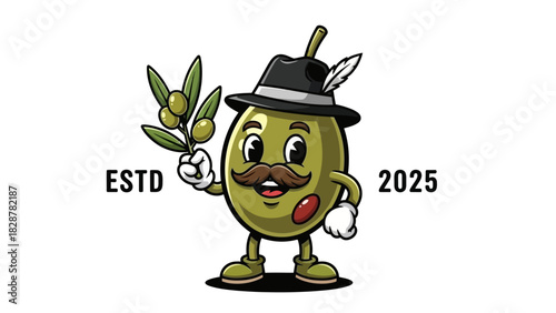 A charming German olive character mascot with a mustache, wearing a traditional Tyrolean hat and holding a fresh olive branch, designed as a vintage food emblem