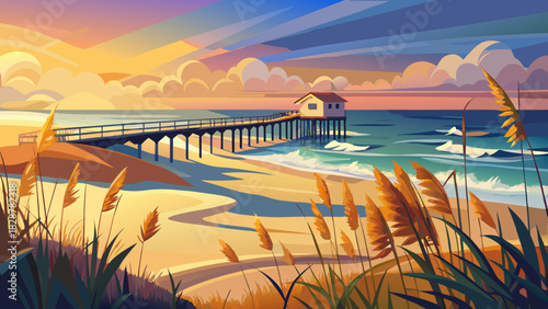 Very beautiful sunlit coastal scene of Myrtle Beach, South Carolina, featuring soft sand dunes, gently swaying dune grass, and a distant pier, captured in a warm, serene atmosphere with cinematic 