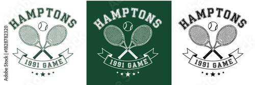 Detailed vector illustration of a Hamptons 1991 game tennis design. Features crossed rackets, a tennis ball, and a classic sports emblem style. Perfect for apparel, posters, or branding.