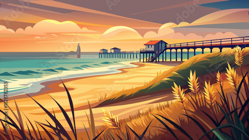 Very beautiful sunlit coastal scene of Myrtle Beach, South Carolina, featuring soft sand dunes, gently swaying dune grass, and a distant pier, captured in a warm, serene atmosphere with cinematic 