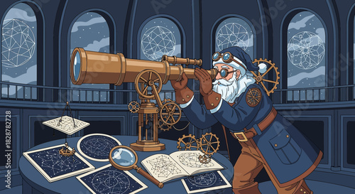 Steampunk stargazer: Santa in an observatory unveiling celestial secrets with a brass telescope