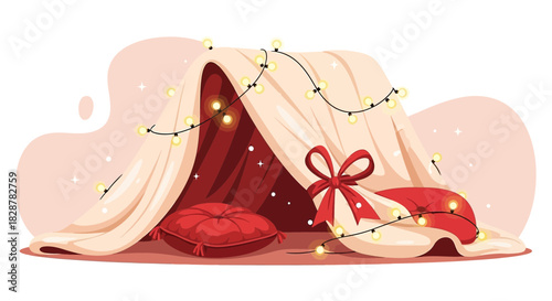 Stylized cozy homemade fort with red cushions and string lights perfect for holidays