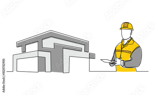 Continuous line sketch drawing of construction worker with blueprint paper and house home real estate. One line art of architect holding design paper of building vector illustration editable stroke
