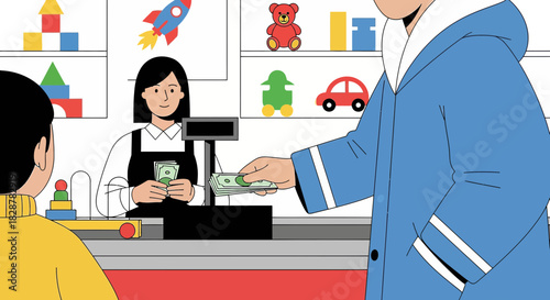 Toy store transaction, customer paying with cash at register for children's goods illustration