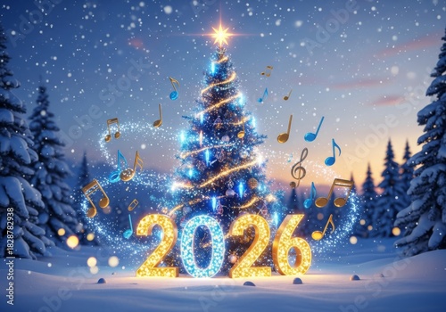 Glowing Christmas tree in a snowy forest, surrounded by musical notes and 