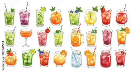 Watercolor illustrations of twenty-two healthy, vibrant smoothies, juices, and elixirs, garnished with fruit slices and mint, arranged in a grid on a white background. Concept for beverage menu design