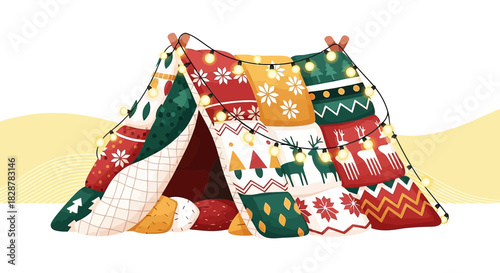 Whimsical winter hideaway with patterned blankets and festive string lights a cozy holiday refuge