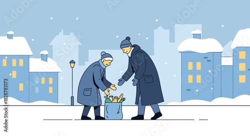 Winter compassion illustrated scene of two people sharing food in snowy city landscape