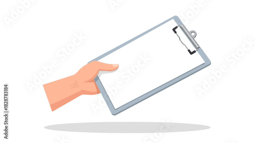 Vector illustration of a human hand holding a pristine, blank clipboard with empty paper, ready for notes, assignments, or record keeping