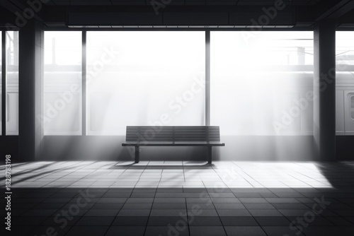 Dramatic light rays illuminate a solitary bench on an empty, minimalist train station platform, captured in a high-contrast black and white photograph.