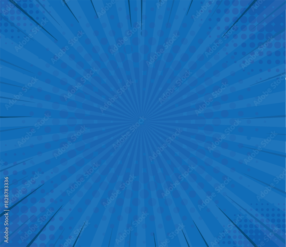 Fototapeta premium Comic book blue sunburst background, pop art radial zoom lines, vintage superhero style halftone pattern, dynamic action burst vector eps isolated PNG with Transparent Background