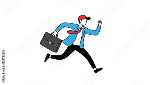 Dynamic businessman in a red cap sprinting with a briefcase, embodying urgency and efficiency in the corporate world