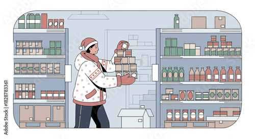 Winter volunteer carefully stocks shelves with food donations at local food bank ensuring access