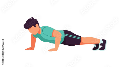Man doing push-ups, exercising for fitness and health in simple vector design