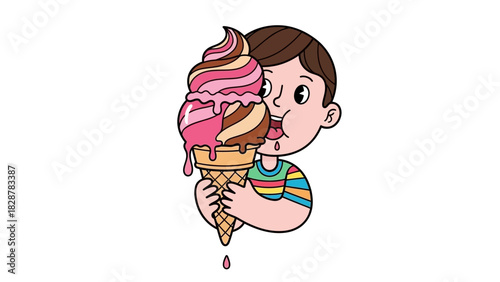 Adorable young boy happily enjoying a large, multi-flavored ice cream cone on a hot summer day