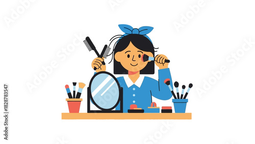 Smiling young woman applies makeup, enjoying her daily beauty routine with cosmetic brushes and a mirror in a delightful illustration