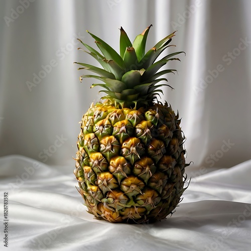 whole pineapple isolated on white satin background, fresh tropical fruit luxury product photography, pineapple with green crown studio lighting, premium fruit commercial image, high resolution pineapp
