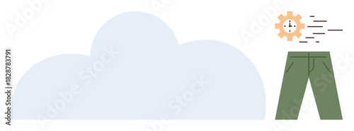 Large cloud with pants bearing clock gear and speed lines, symbolizing fast digital changes. Ideal for cloud computing, time management, innovation, creativity, speed, process optimization, simple