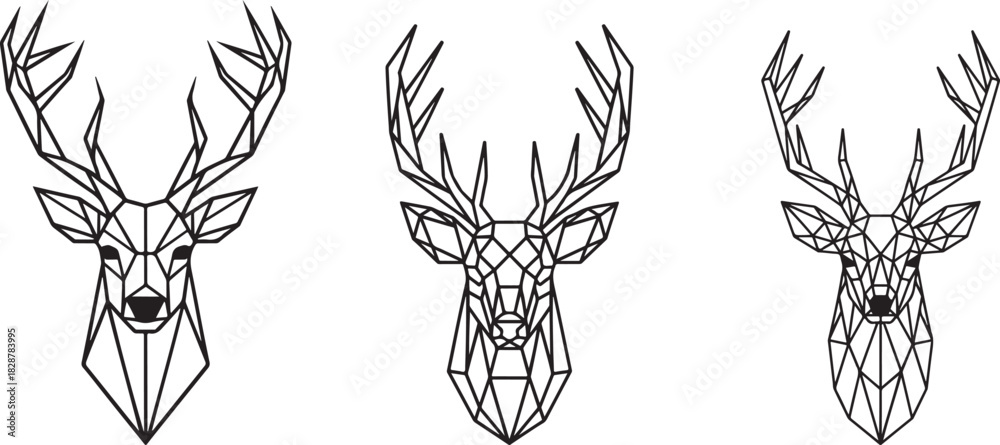 Obraz premium Geometric Deer Head Illustrations, Low Poly Stag Line Art Vector Designs