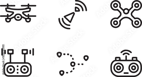 Drone Icons, Line Art UAV, Remote Control and Flight Path Symbol Set