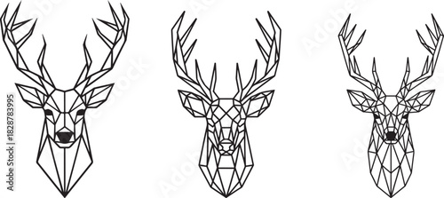 Geometric Deer Head Illustrations, Low Poly Stag Line Art Vector Designs